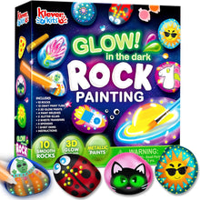 Load image into Gallery viewer, Glow-in-the-Dark Rock Painting Kit, Arts and Crafts Set for Children Ages 6 to 12, Includes 10 Rocks, 12 Paint Colors, and Art Materials